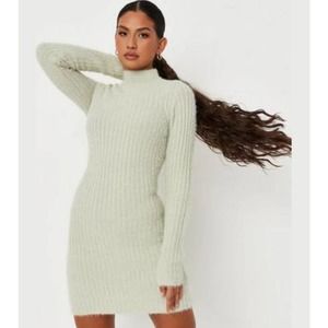 MISSGUIDED X CARLI BYBEL Sage Green Mockneck Bodycon Mini Sweater Dress 6